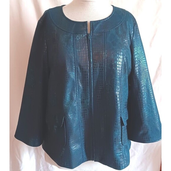 Susan Graver Style Jacket L Faux Leather Teal Blue - Picture 1 of 5